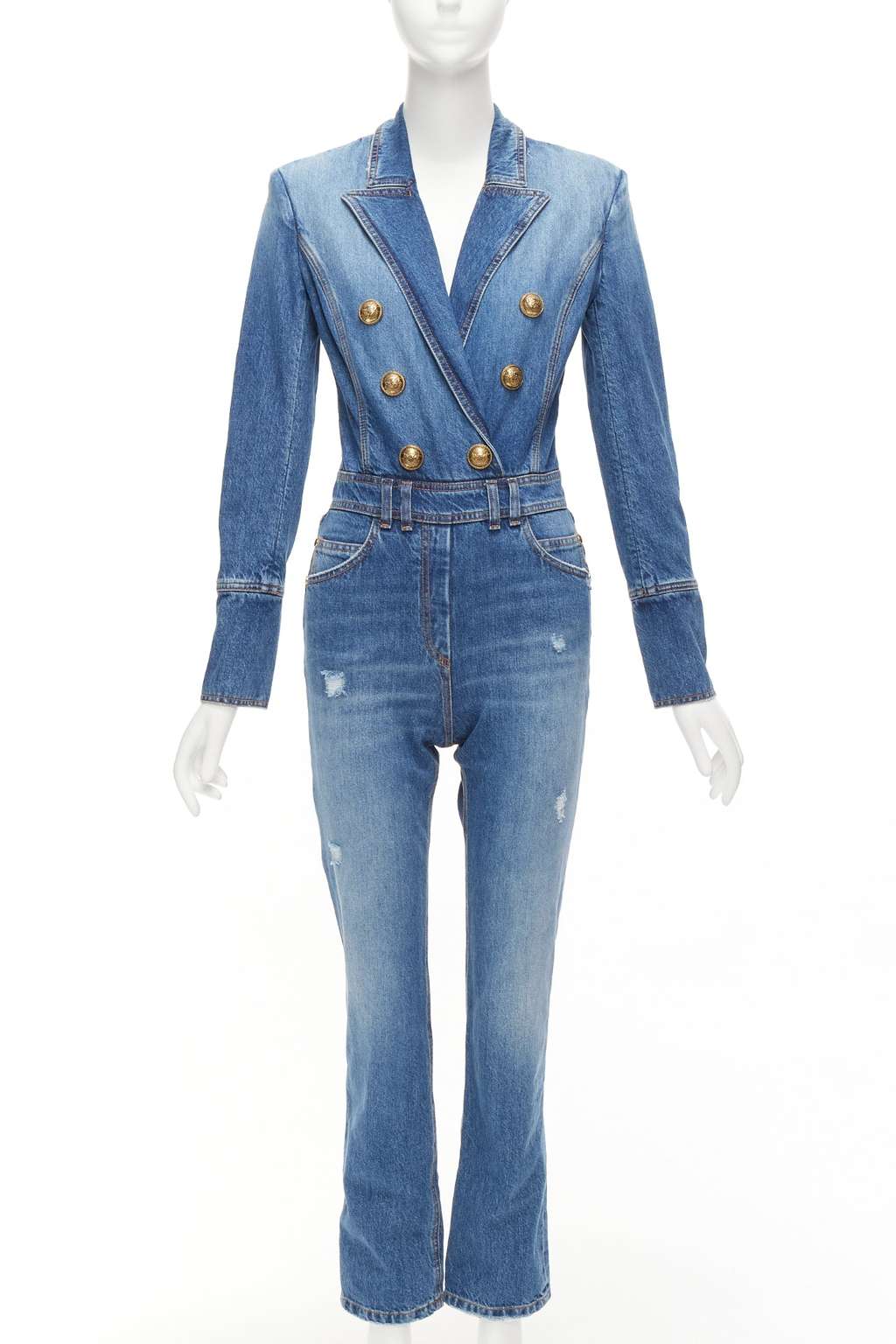 Balmain Distressed Denim Jumpsuit Blue Polyester Never worn - Front View