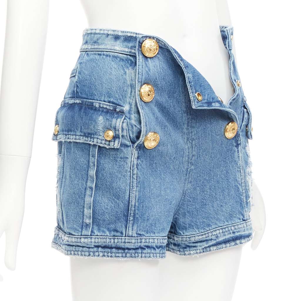 Balmain Distressed Cargo Shorts Blue Never worn - Model View