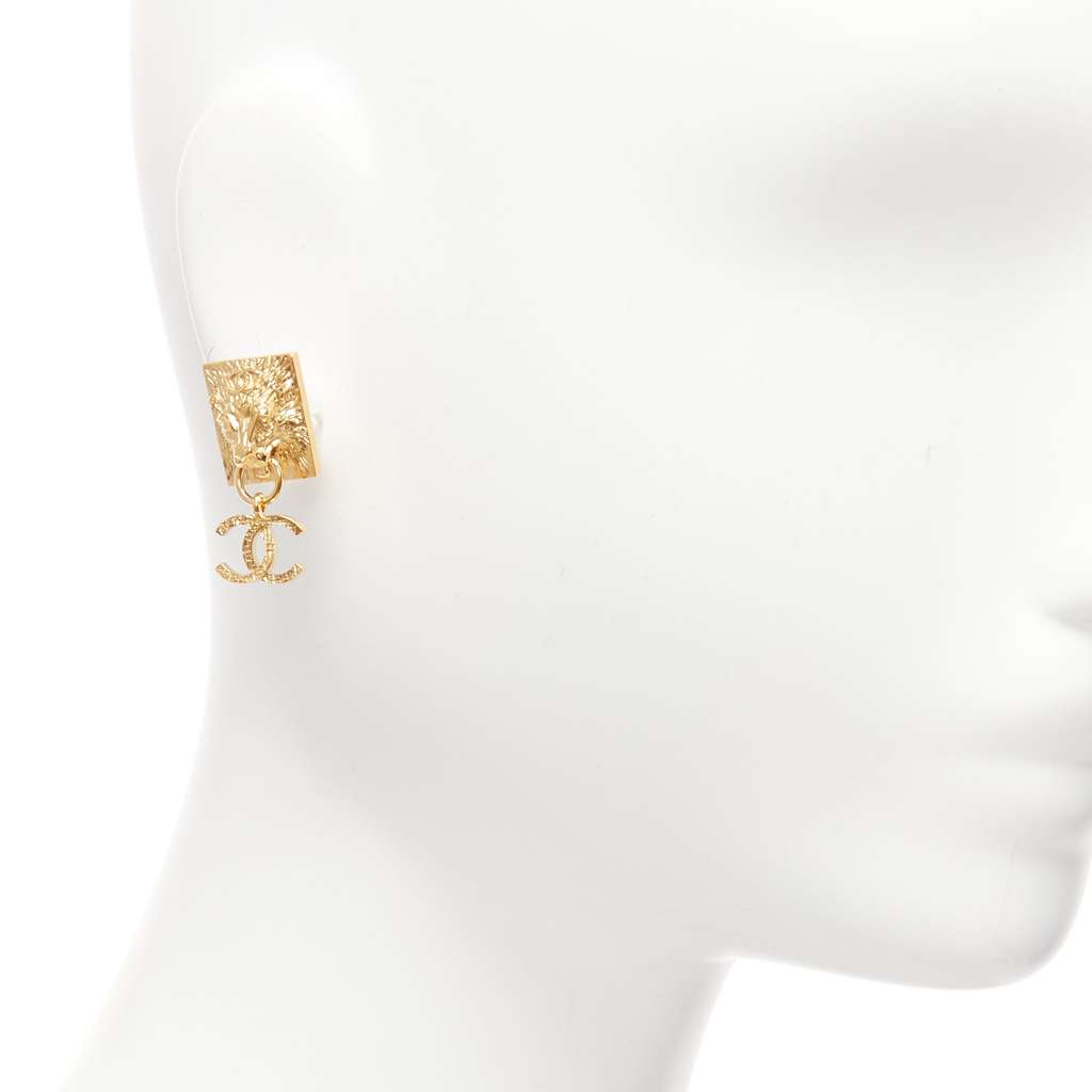 Chanel Lion Head Earrings Gold Metal Never worn - Back View