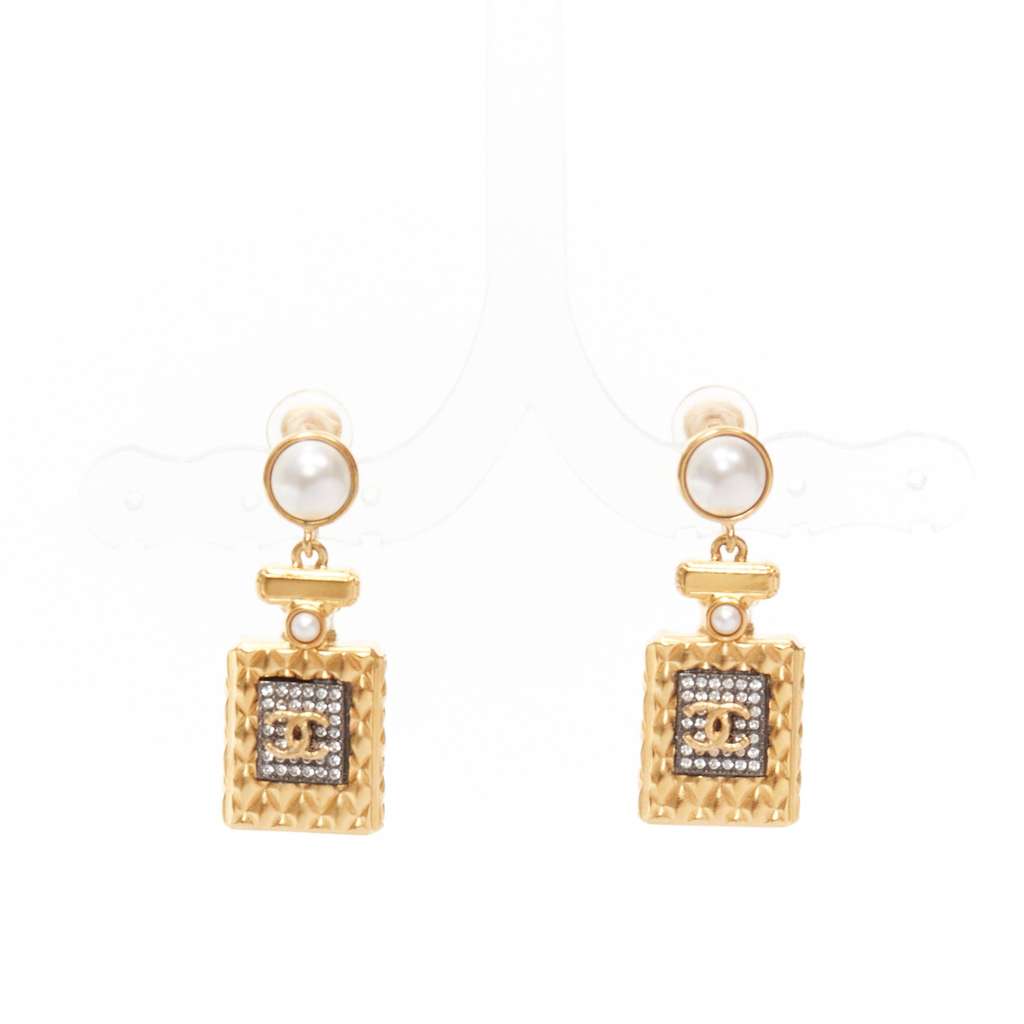 Chanel Perfume Bottle Earrings Gold Metal Never worn - Front View