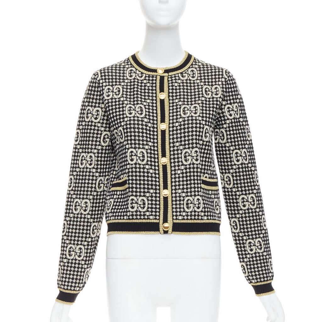 Gucci Gold Jacquard Cardigan Gold Wool Never worn - Front View