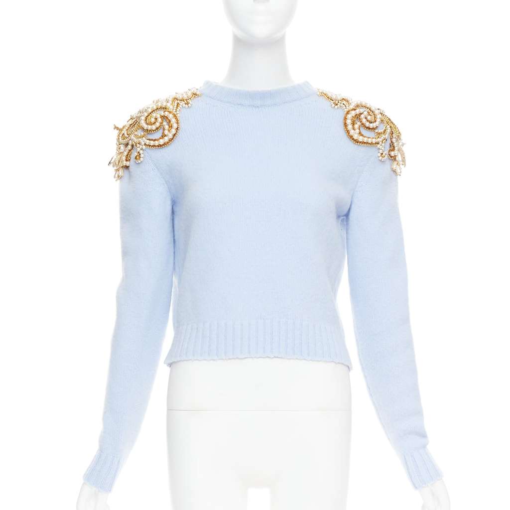 Balmain Pearl Embellished Sweater Blue Wool Very good - Inside View