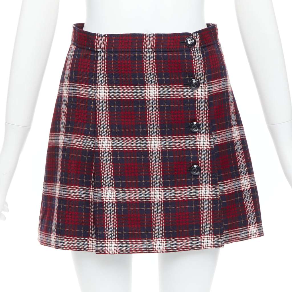 Dior Plaid A-line Skirt Navy Wool Very good - Front View