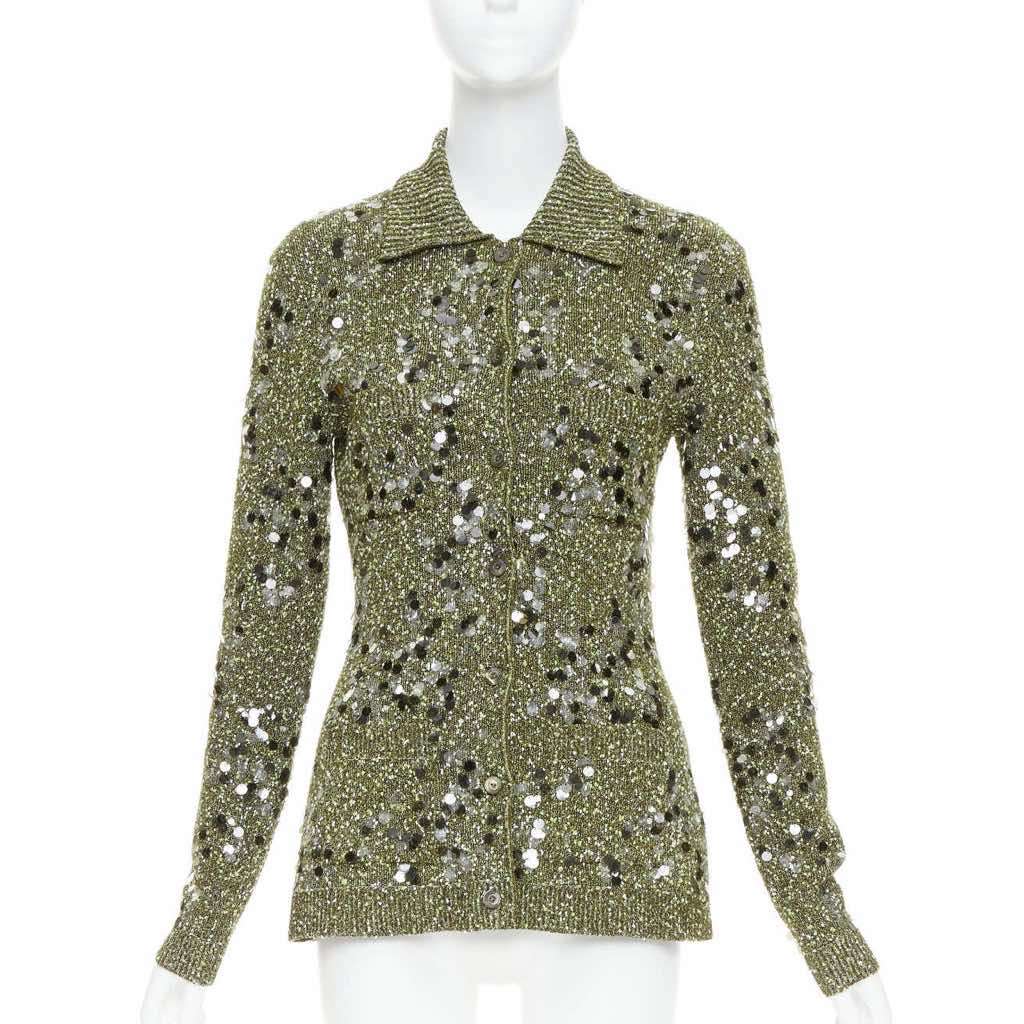 Gucci Pailettes Boucle Cardigan Green Viscose Very good - Front View