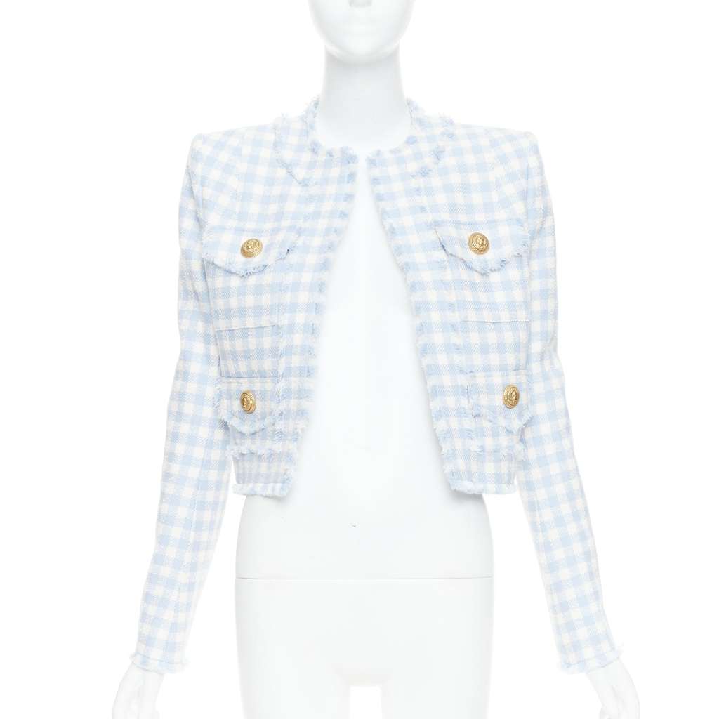 Balmain Plaid Cropped Jacket White Cotton Very good - Front View
