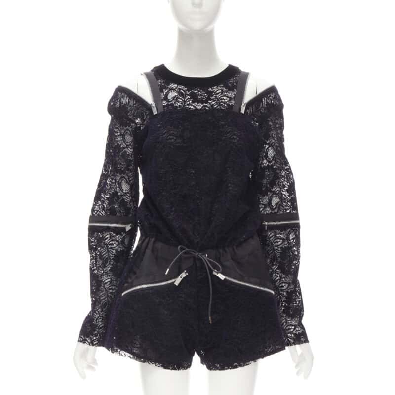 Sacai Velvet Lace Romper Navy Polyester Very good - Front View