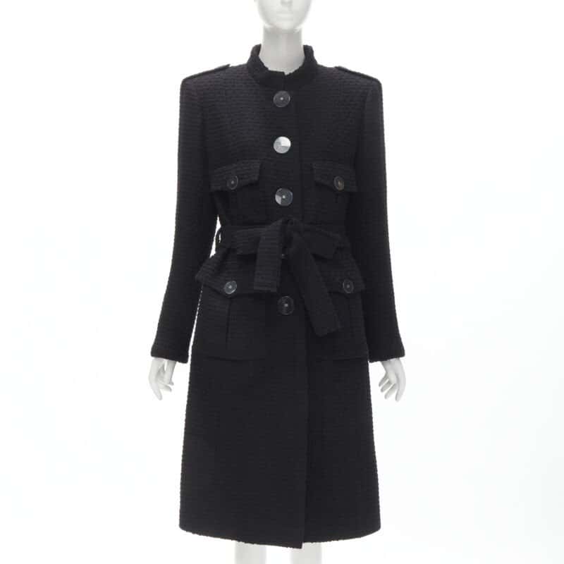 Chanel Black Tweed Belted Coat Black Wool Never worn - Front View
