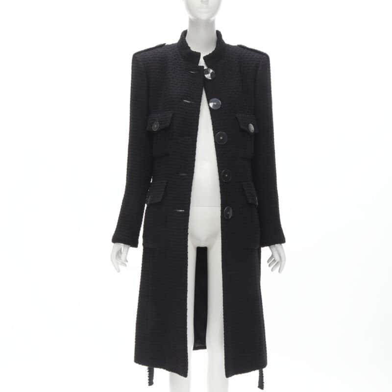 Chanel Black Tweed Belted Coat Black Wool Never worn - Inside View