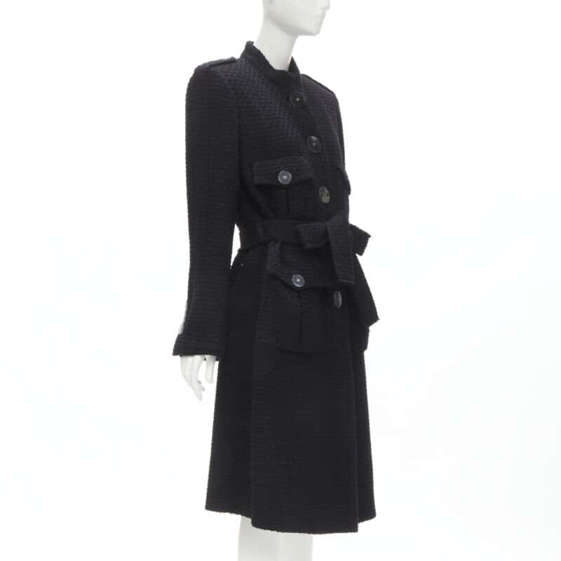 Chanel Black Tweed Belted Coat Black Wool Never worn - Model View