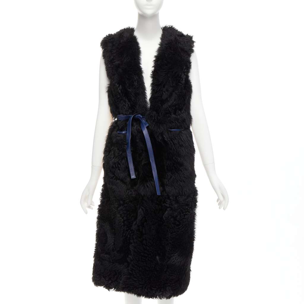 Marni Black Shearling Belted Coat Black Leather Never worn - Front View