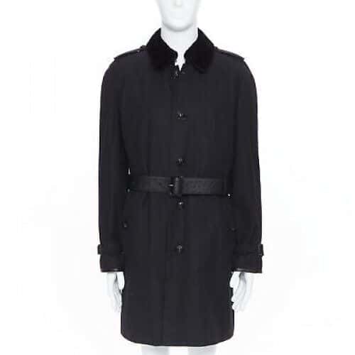 Burberry Black Fur Belted Trench Black Cotton Very good - Model View