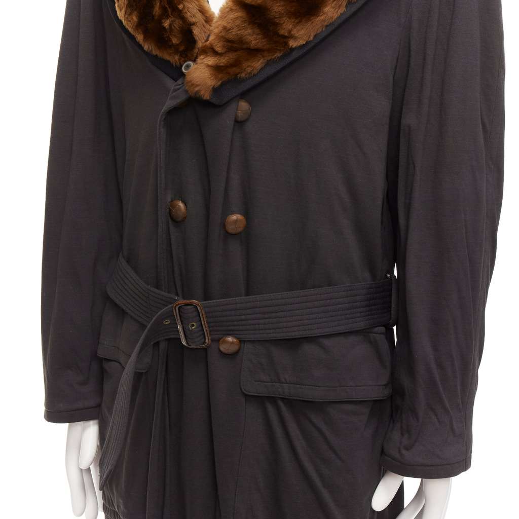 Jean Paul Gaultier Black Fur Belted Coat Brown Cotton Fair - Back View