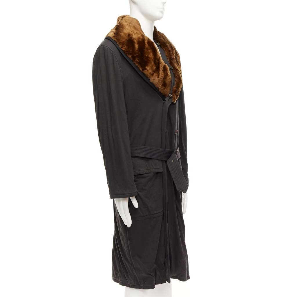 Jean Paul Gaultier Black Fur Belted Coat Brown Cotton Fair - Model View