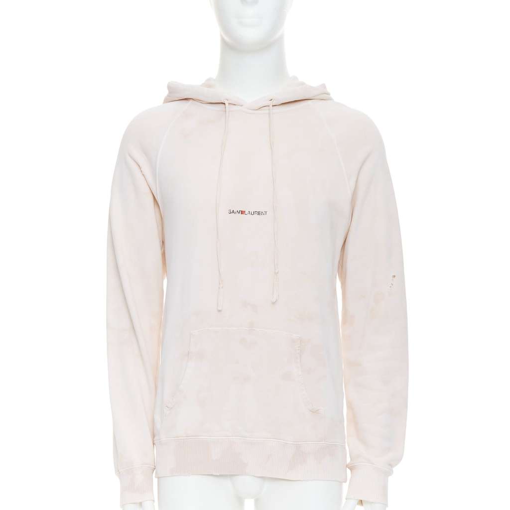 Saint Laurent Distressed Logo Hoodie Beige Cotton Never worn - Front View