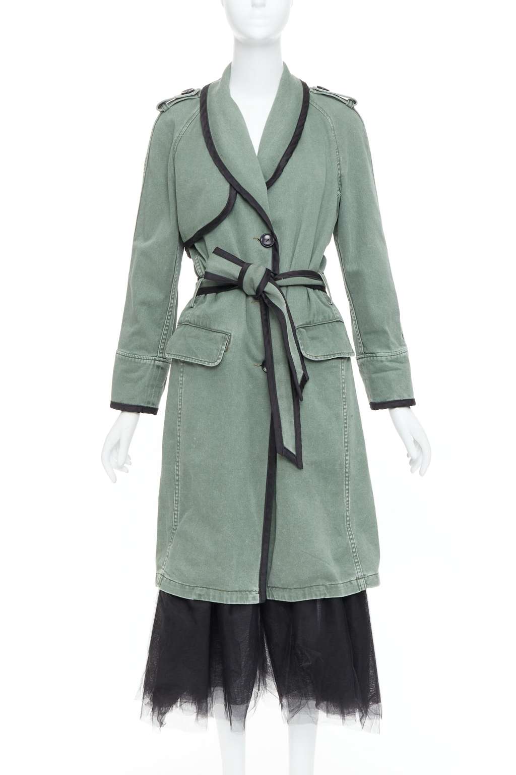 Le Superbe Green Tulle Hem Coat Black Cotton Very good - Front View