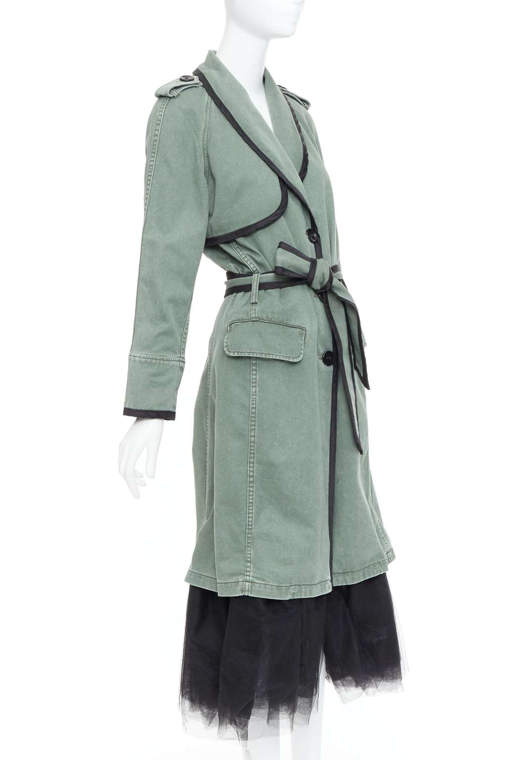 Le Superbe Green Tulle Hem Coat Black Cotton Very good - Model View