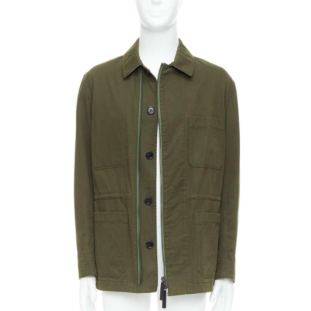 Berluti Green Safari Leather Coat Green Leather Fair - Front View