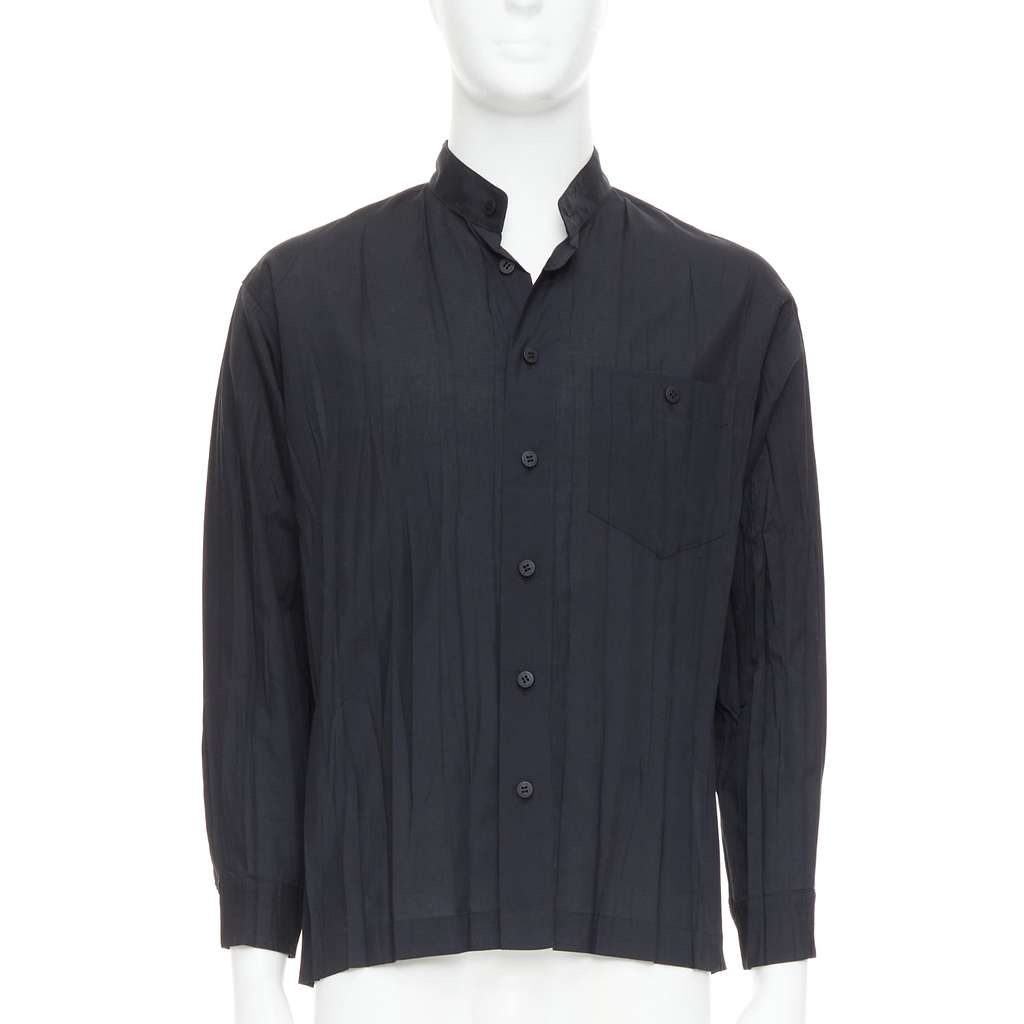 Issey Miyake Pleated Button Shirt Black Polyester Very good - Front View
