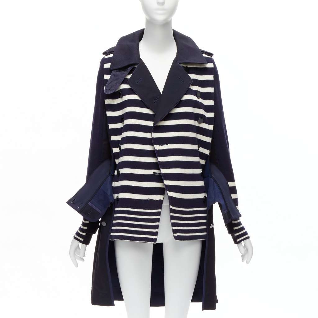 Sacai Nautical Stripe Flare Coat Navy Cotton Very good - Front View