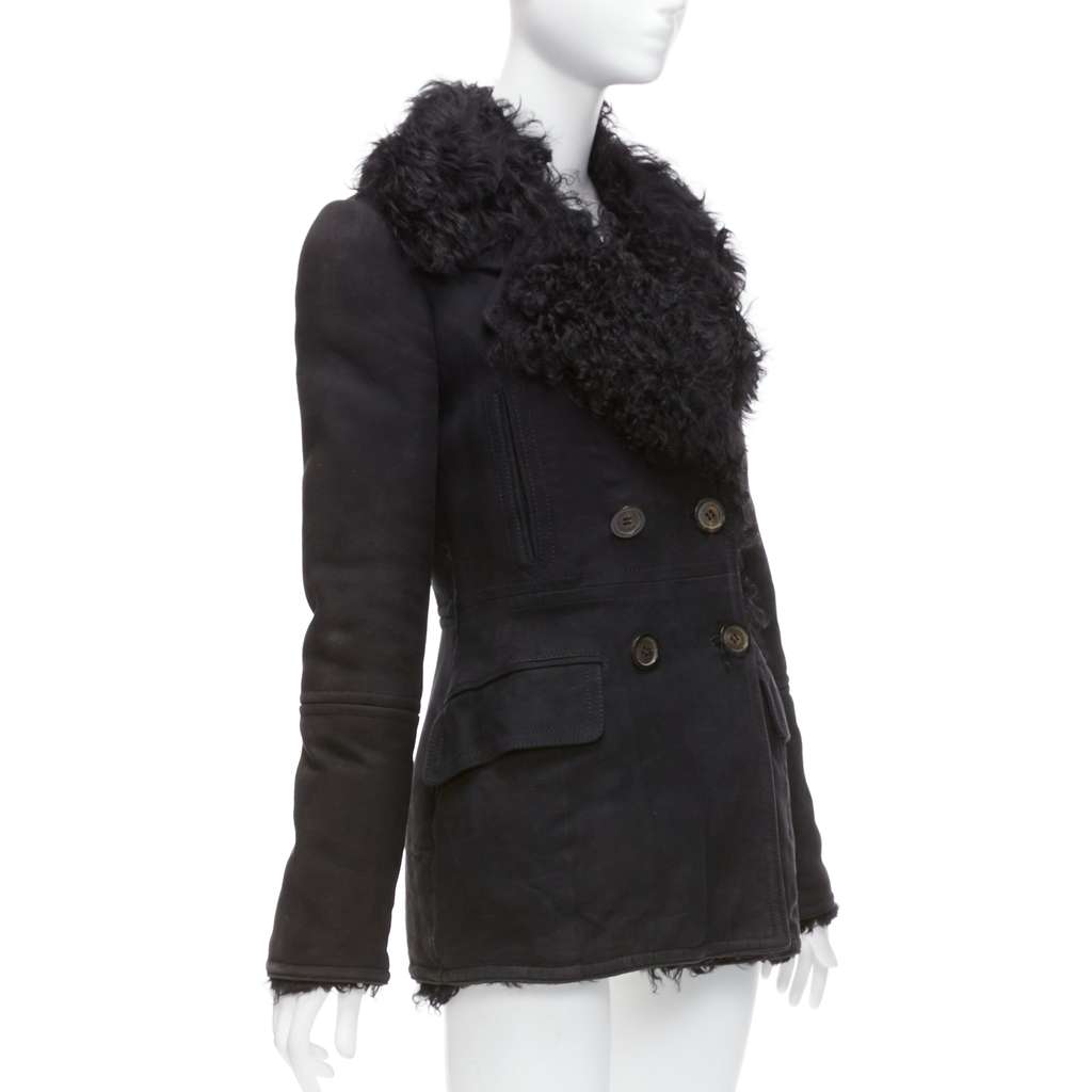 Gucci Black Shearling Wool Coat Black Suede Fair condition - Model View