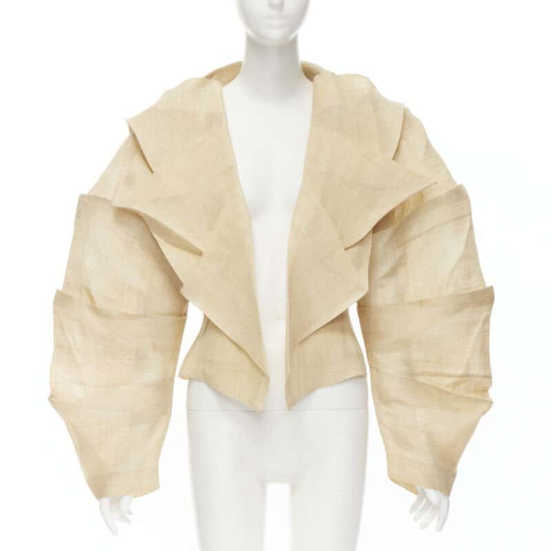 Issey Miyake Pleated Linen Jacket Beige Linen Good - Front View