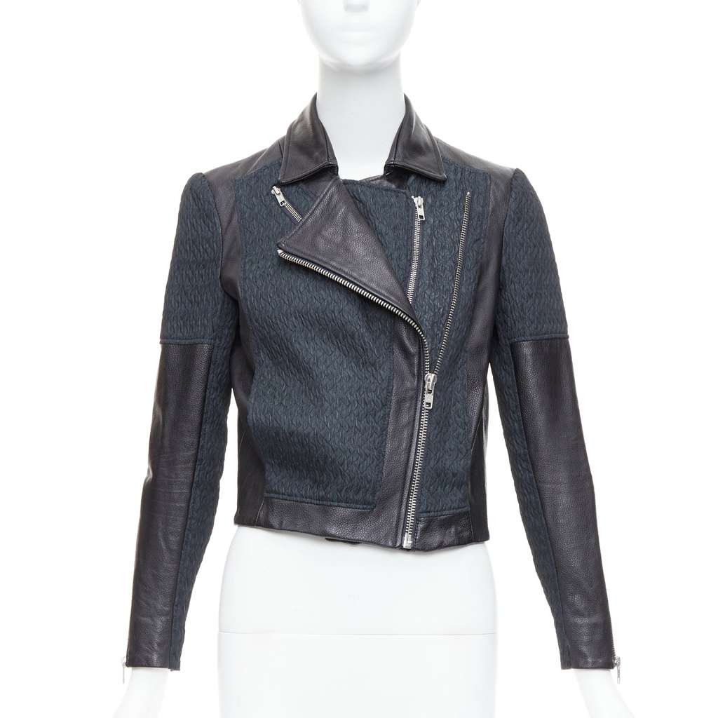 Helmut Lang Textured Crop Biker Black Leather Good - Front View