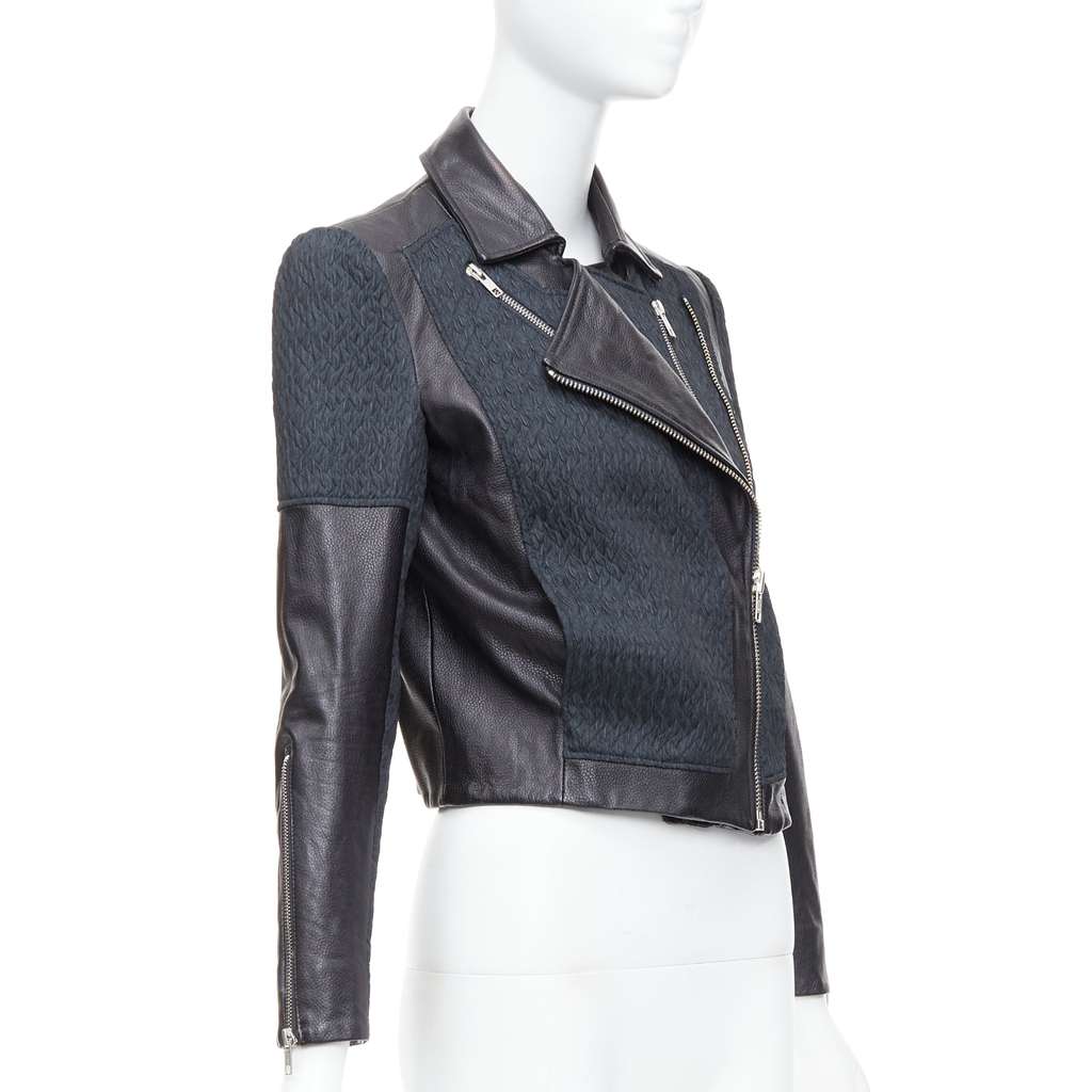 Helmut Lang Textured Crop Biker Black Leather Good - Model View