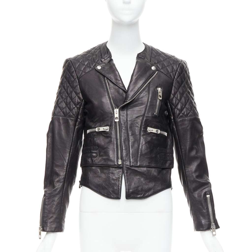 Balenciaga Quilted Moto Jacket Black Leather Good - Front View