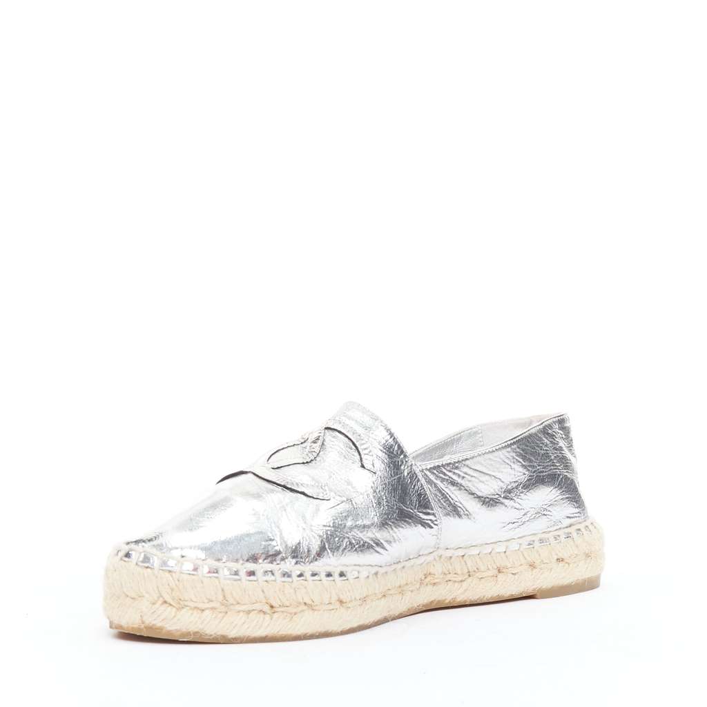 Chanel Woven Leather Flats Silver Leather Good - Model View