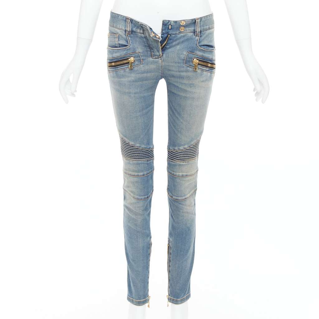 Balmain Ribbed Moto Jeans Blue Good - Front View