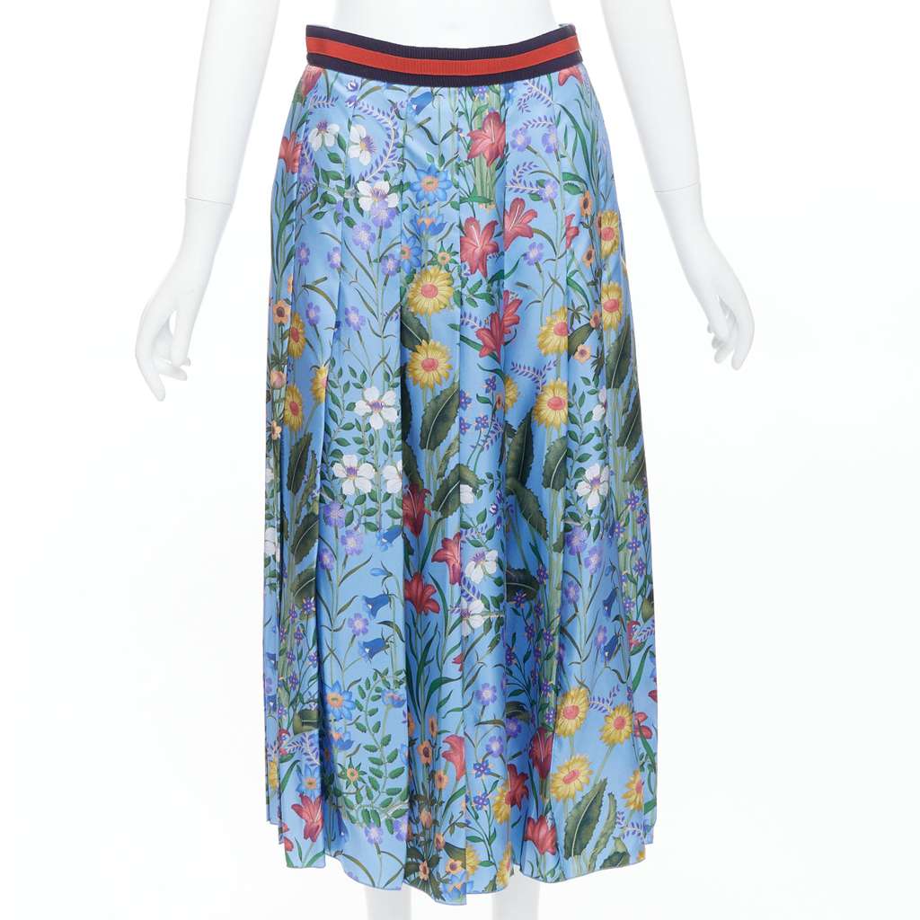 Gucci Bloom Pleated Skirt Blue Silk Very good condition - Front View