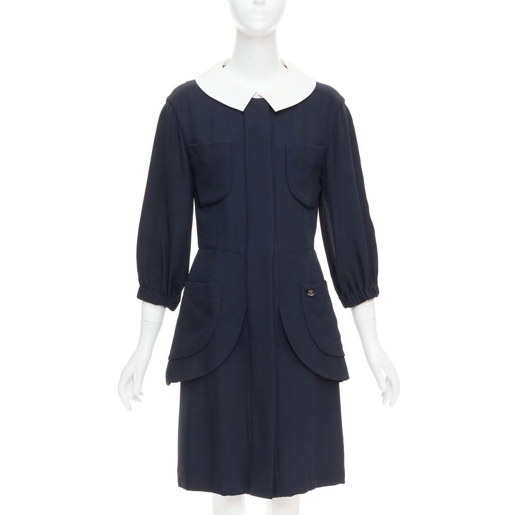 Chanel Collar Trompe Dress Black Silk Very good - Front View