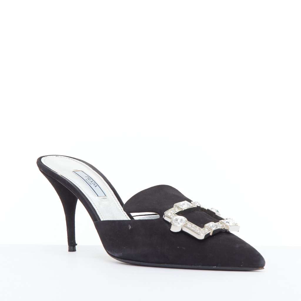 Prada Crystal Buckle Mules Black Suede Fair condition - Front View