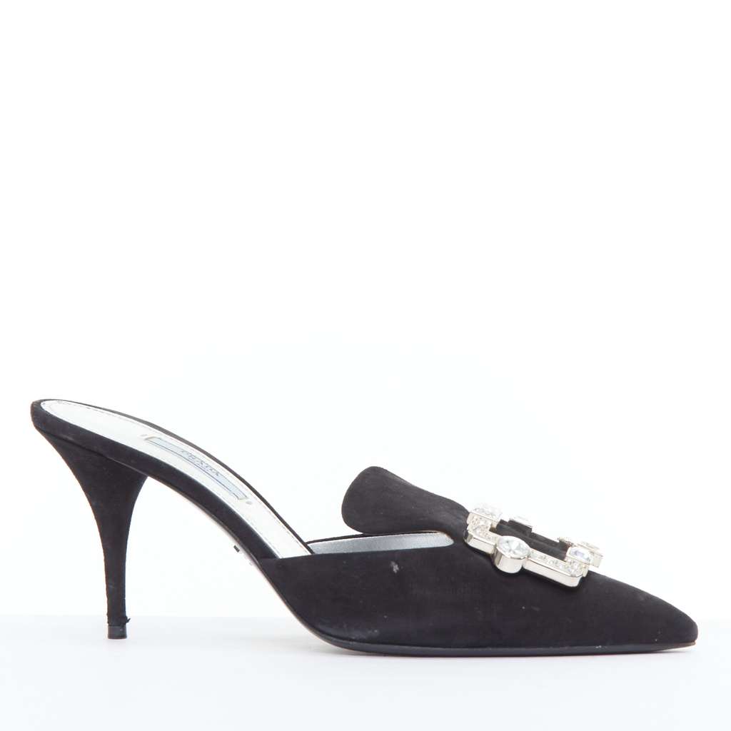 Prada Crystal Buckle Mules Black Suede Fair condition - Back View