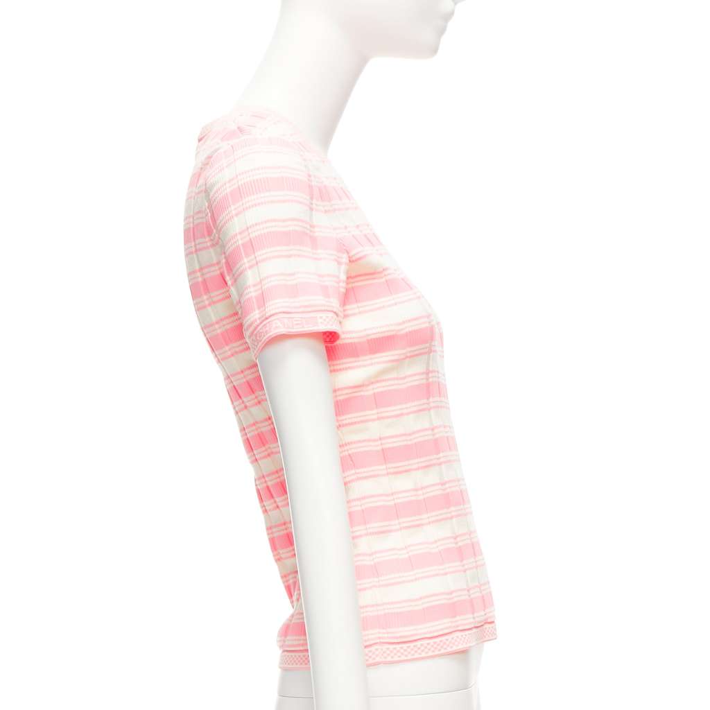 Chanel Stripe Logo Sweater Pink Cotton Very good - Model View