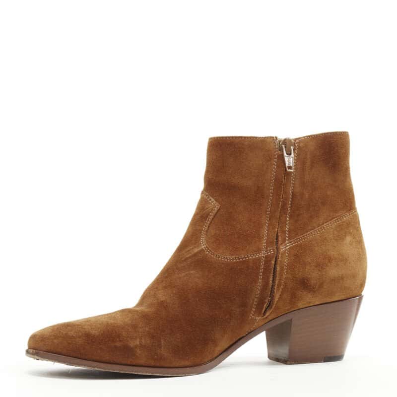 Saint Laurent Almond Toe Cuban Bootie Brown Suede Very good - Model View