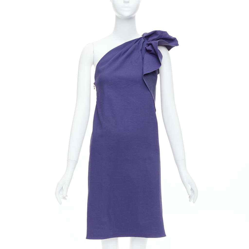 Lanvin One Shoulder Ruffle Dress Purple Linen Never worn, with tag - Front View