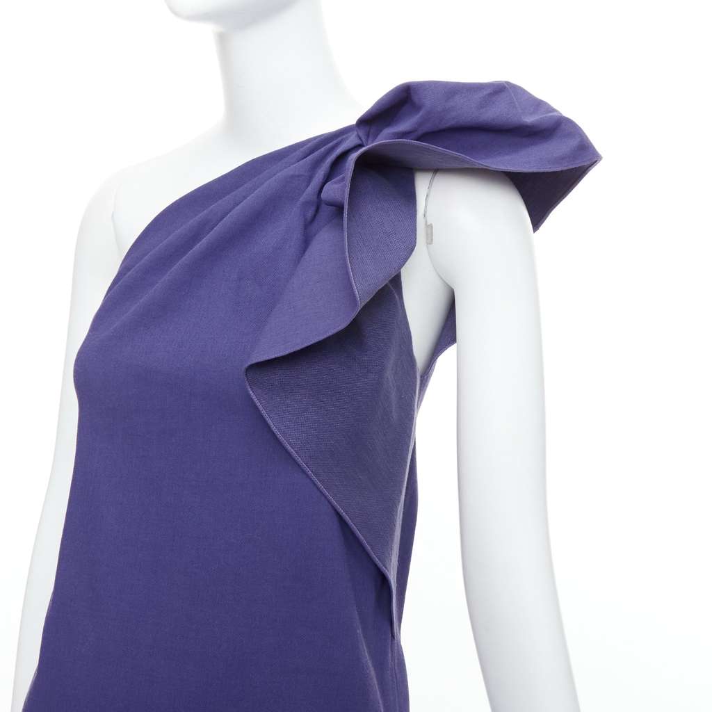Lanvin One Shoulder Ruffle Dress Purple Linen Never worn, with tag - Back View