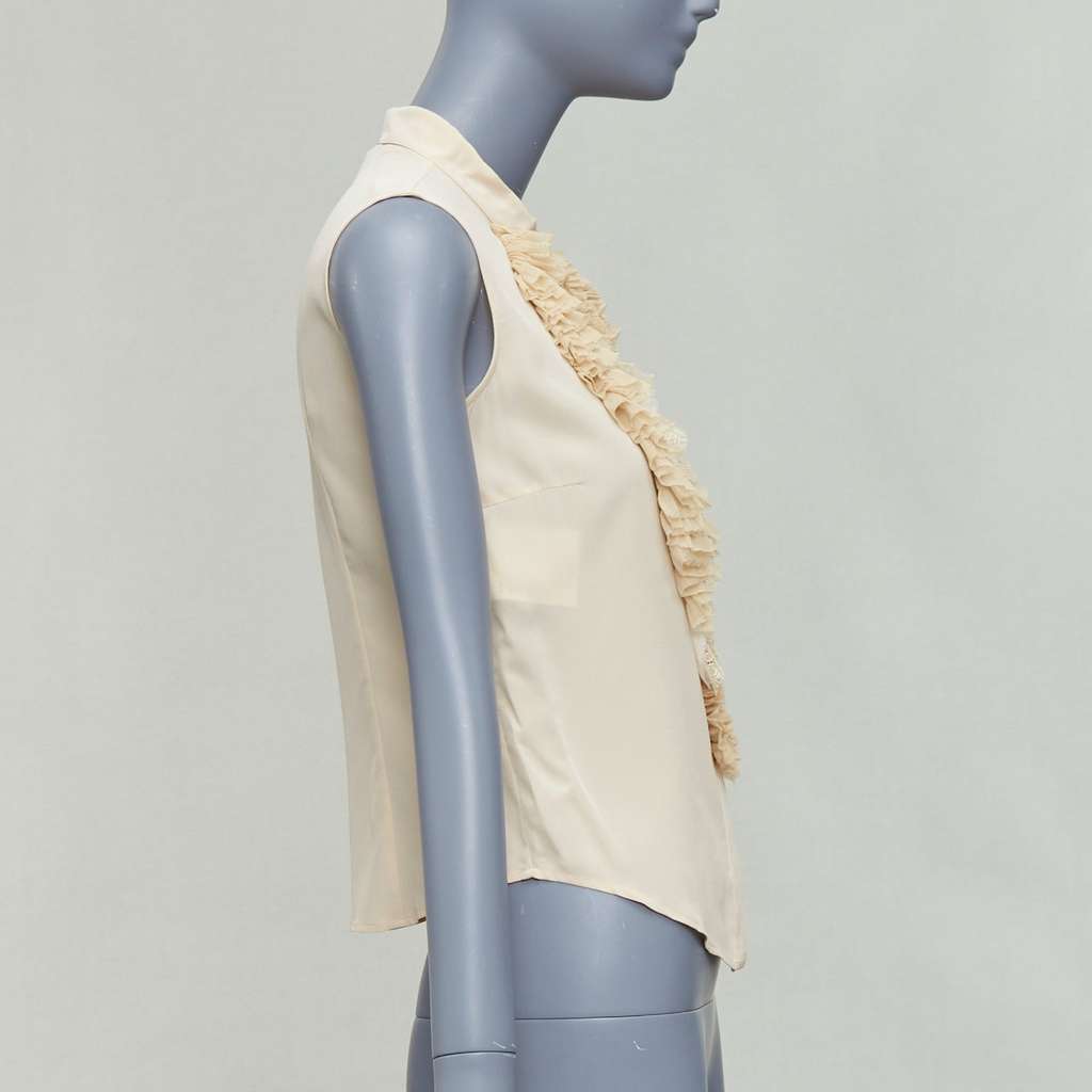 Prada Ruffle Sleeveless Shirt Beige Silk Never worn - Model View