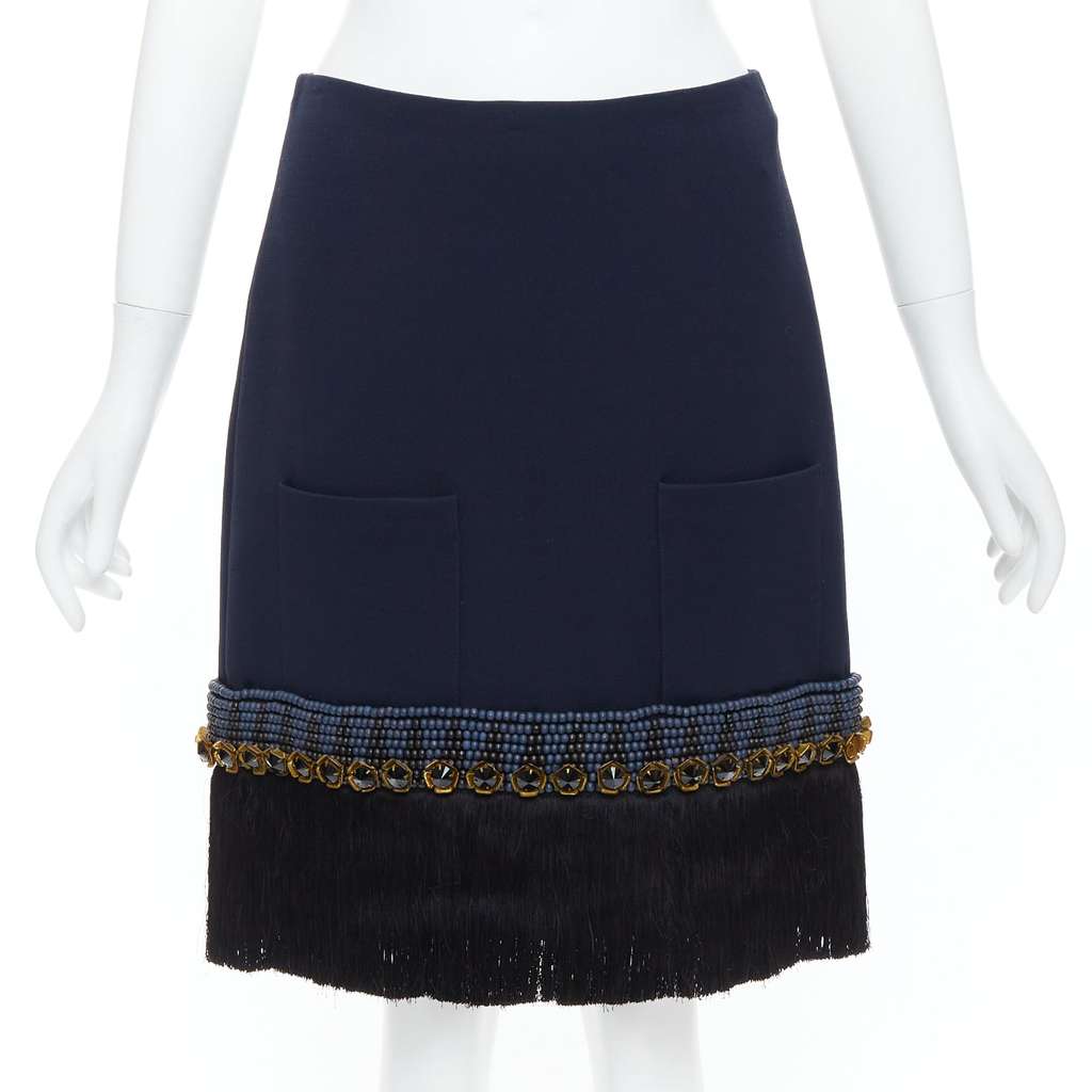 Marni Fringe Hem Skirt Navy Polyamide Very good - Front View