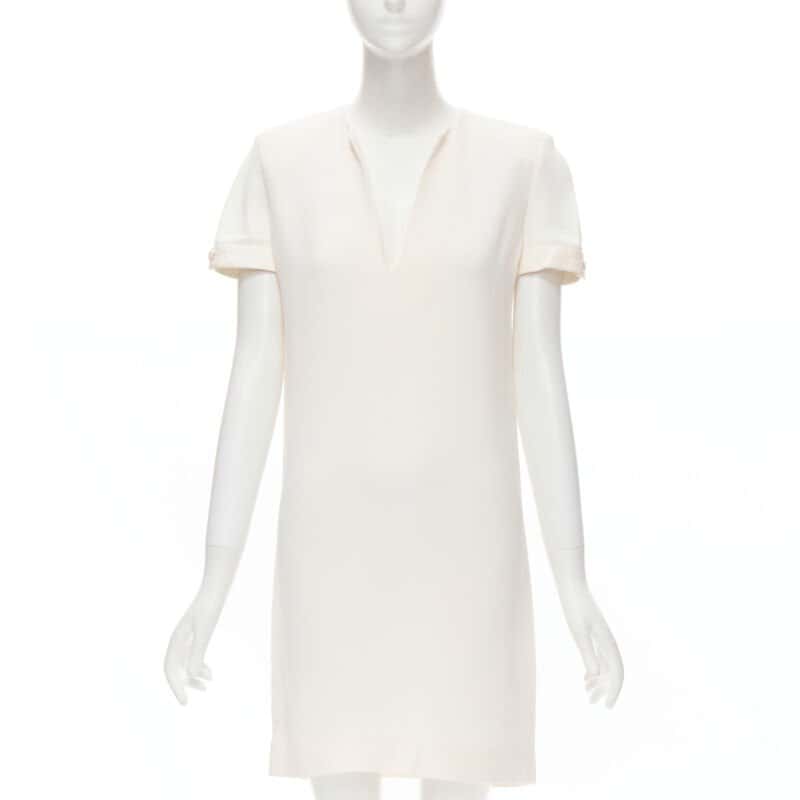 Saint Laurent Crepe Trimmed Dress Beige Very good - Front View