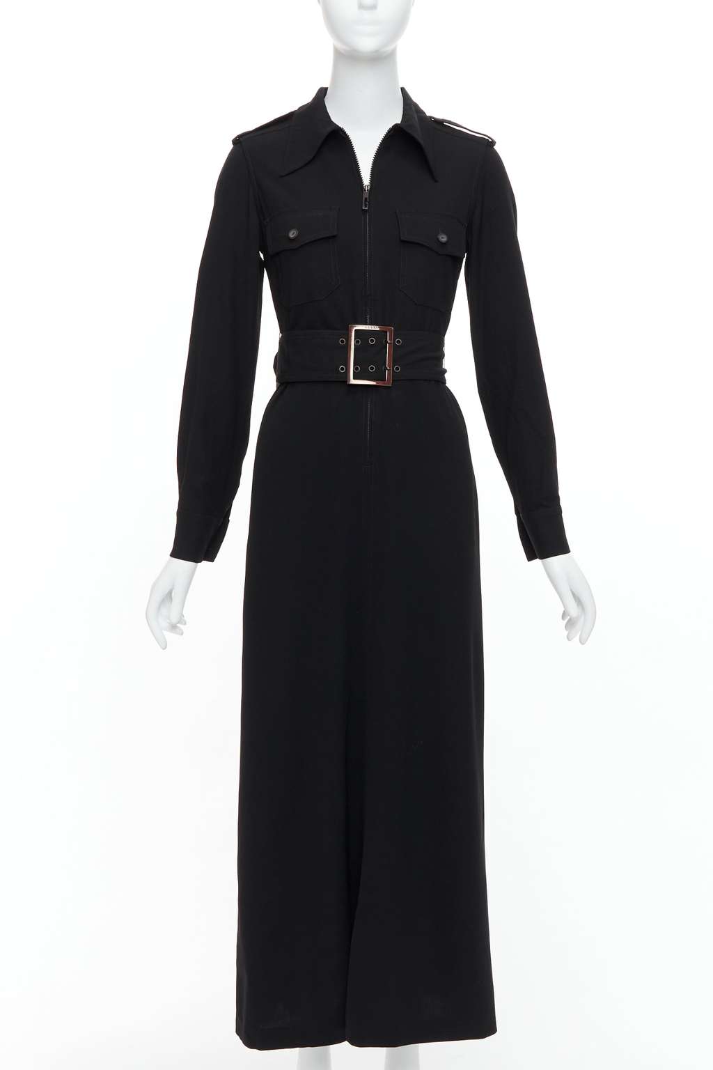Gucci Military Safari Dress Black Wool Fair - Front View