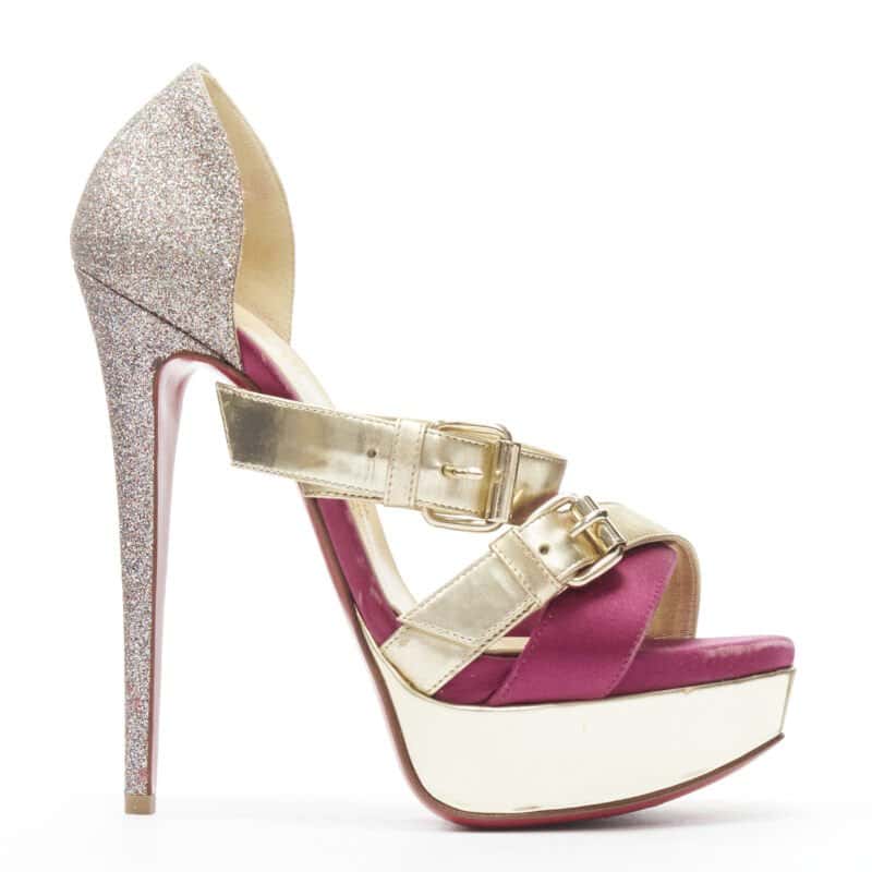 Christian Louboutin Glitter Strap Platforms Gold Leather Good - Front View