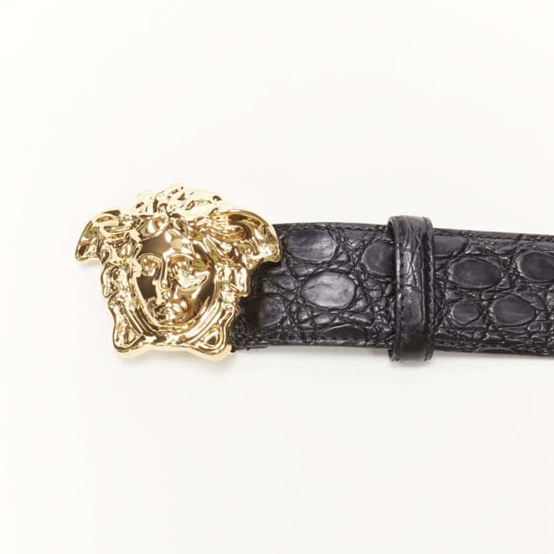 Versace Rhinestone Chain Fabric Belt Black Leather Never worn, with tag - Model View