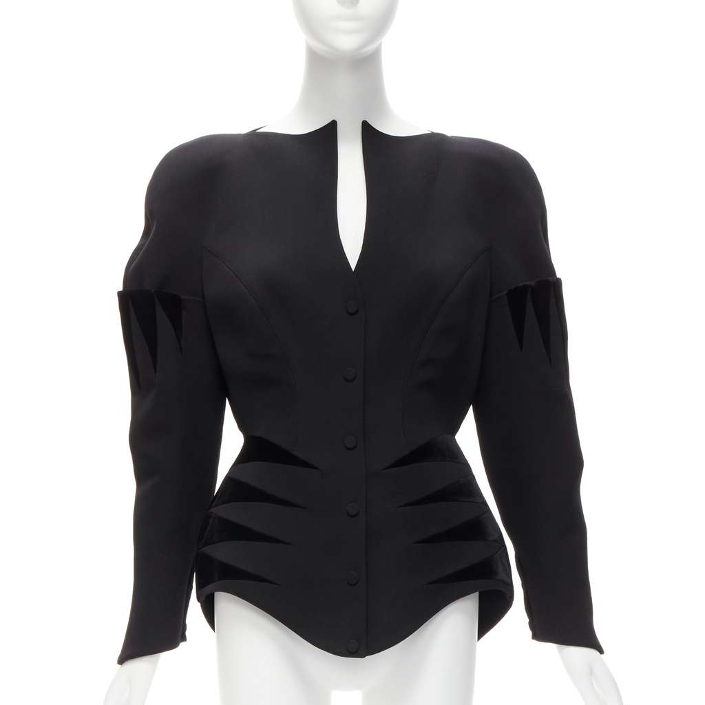 Thierry Mugler Velvet Peplum Jacket Black Wool Never worn - Front View