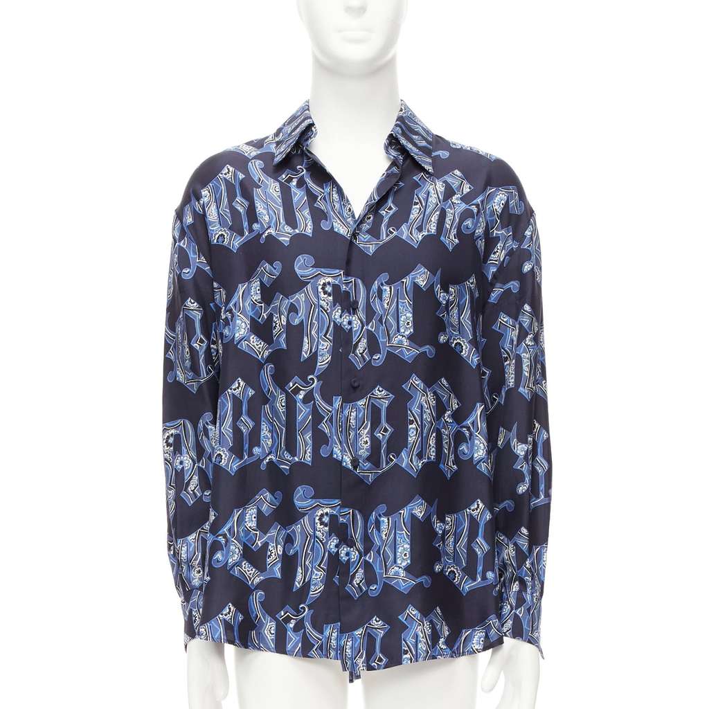 Gianni Versace Gothic Logo Shirt Blue Silk Good - Front View