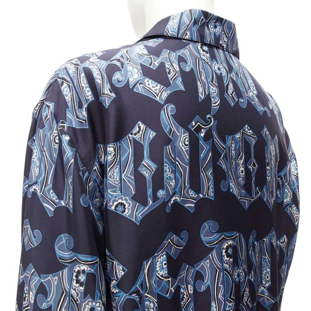 Gianni Versace Gothic Logo Shirt Blue Silk Good - Back View