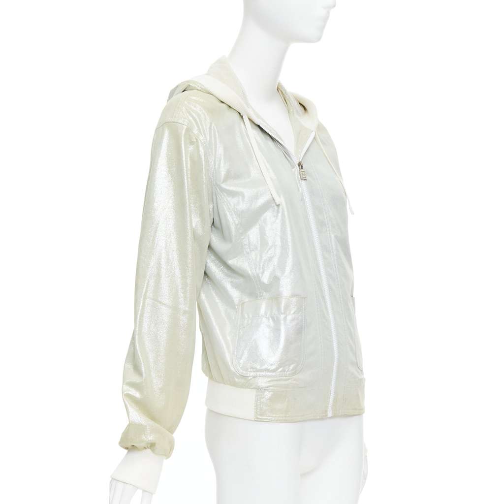 Chanel Metallic Rib Hood Jacket Silver Leather Fair - Model View