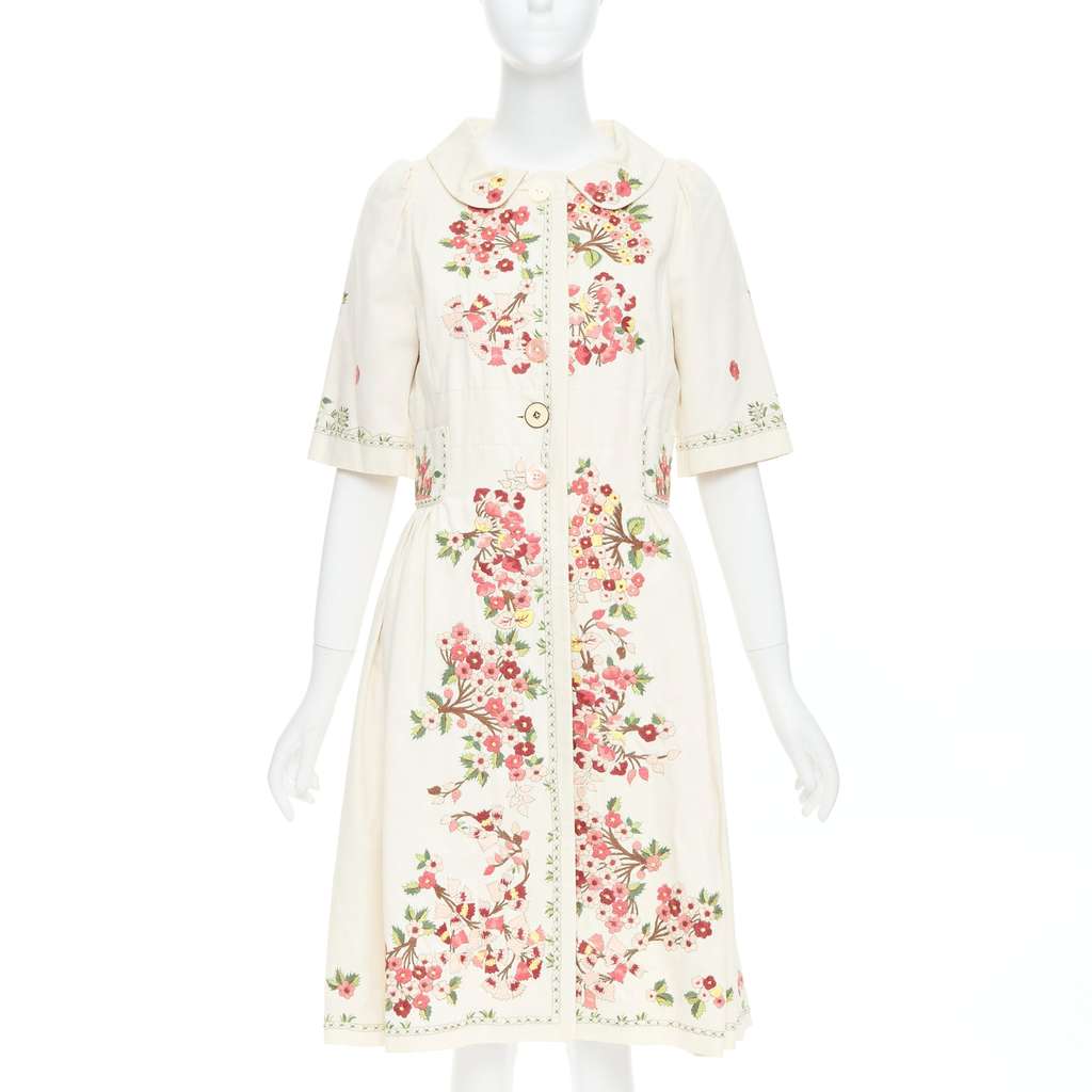 Kenzo Floral Coat Dress Beige Cotton Good - Front View