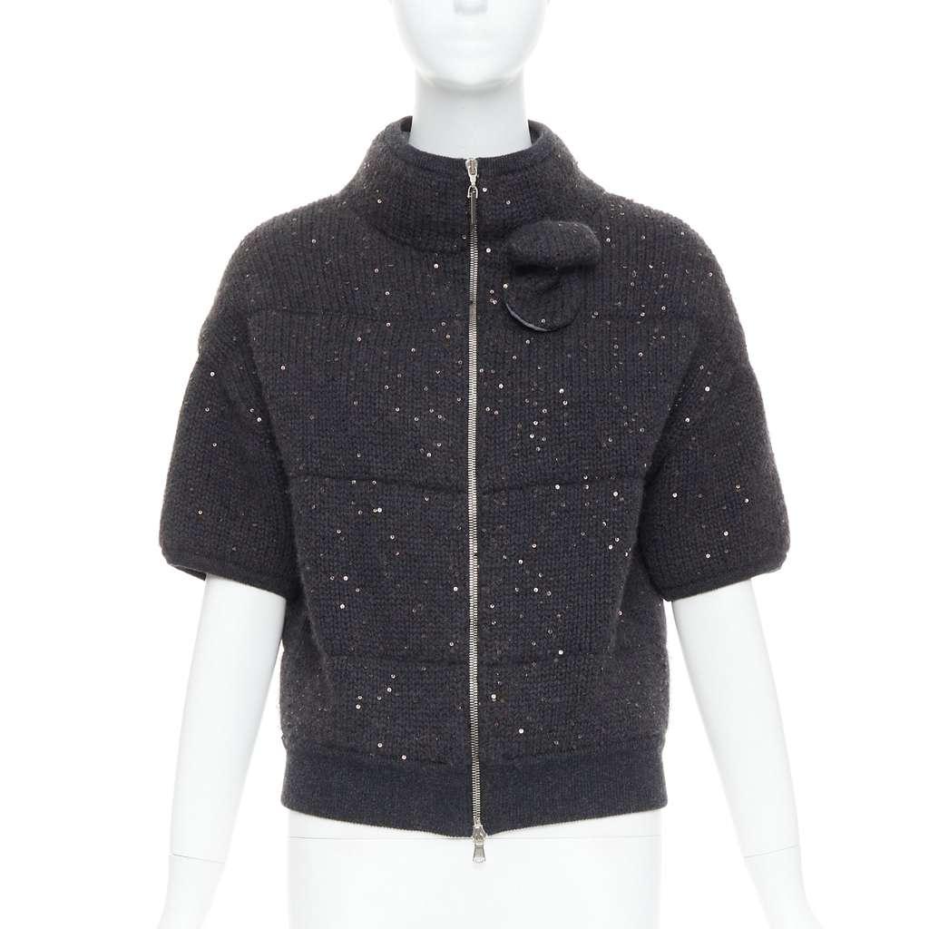 Brunello Cucinelli Sequin Padded Cardigan Grey Cashmere Very good - Front View